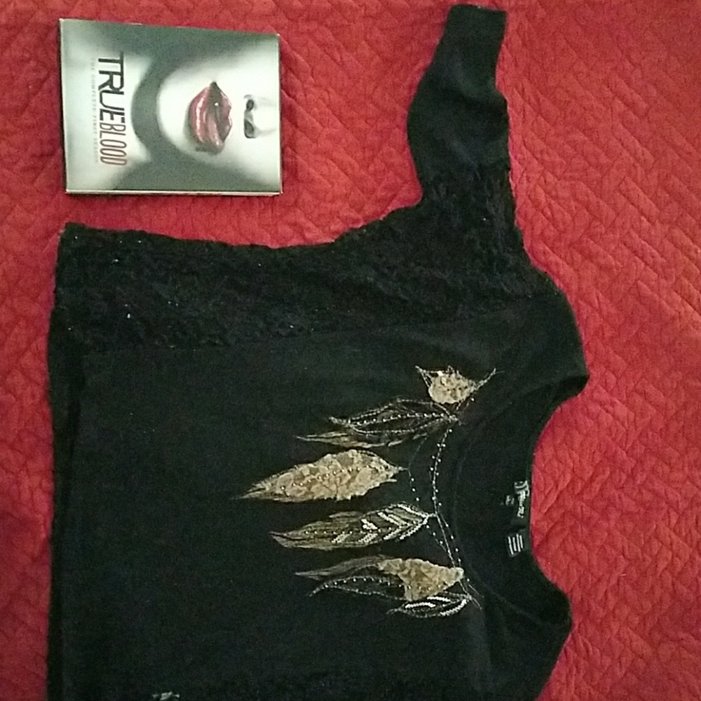 Black miss me top with feather accents